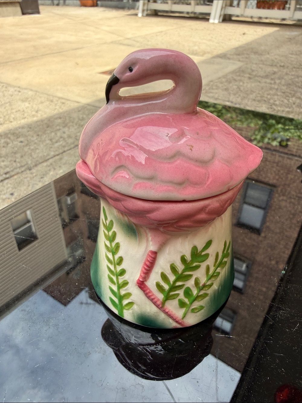 Pink Flamingo Ceramic Jar with Green Leaf Motif